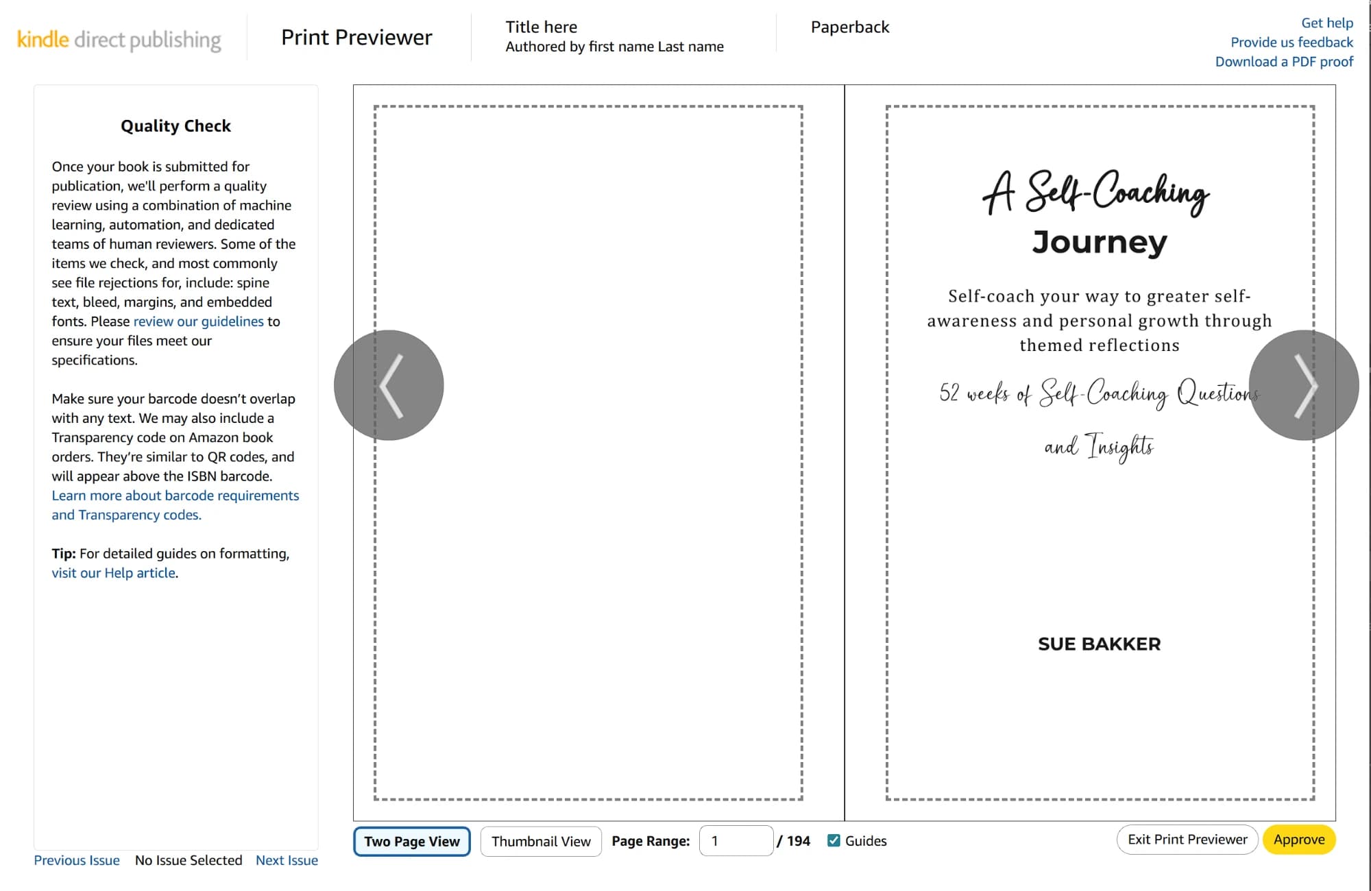 An interior page of Perspectives in the KDP Print Previewer, reading “A Self-Coaching Journey” in script and bold type, “Self-coach your way to greater self-awareness and personal growth through themed reflections”, “52 weeks of Self-Coaching Questions and Insights” and “Sue Bakker”.