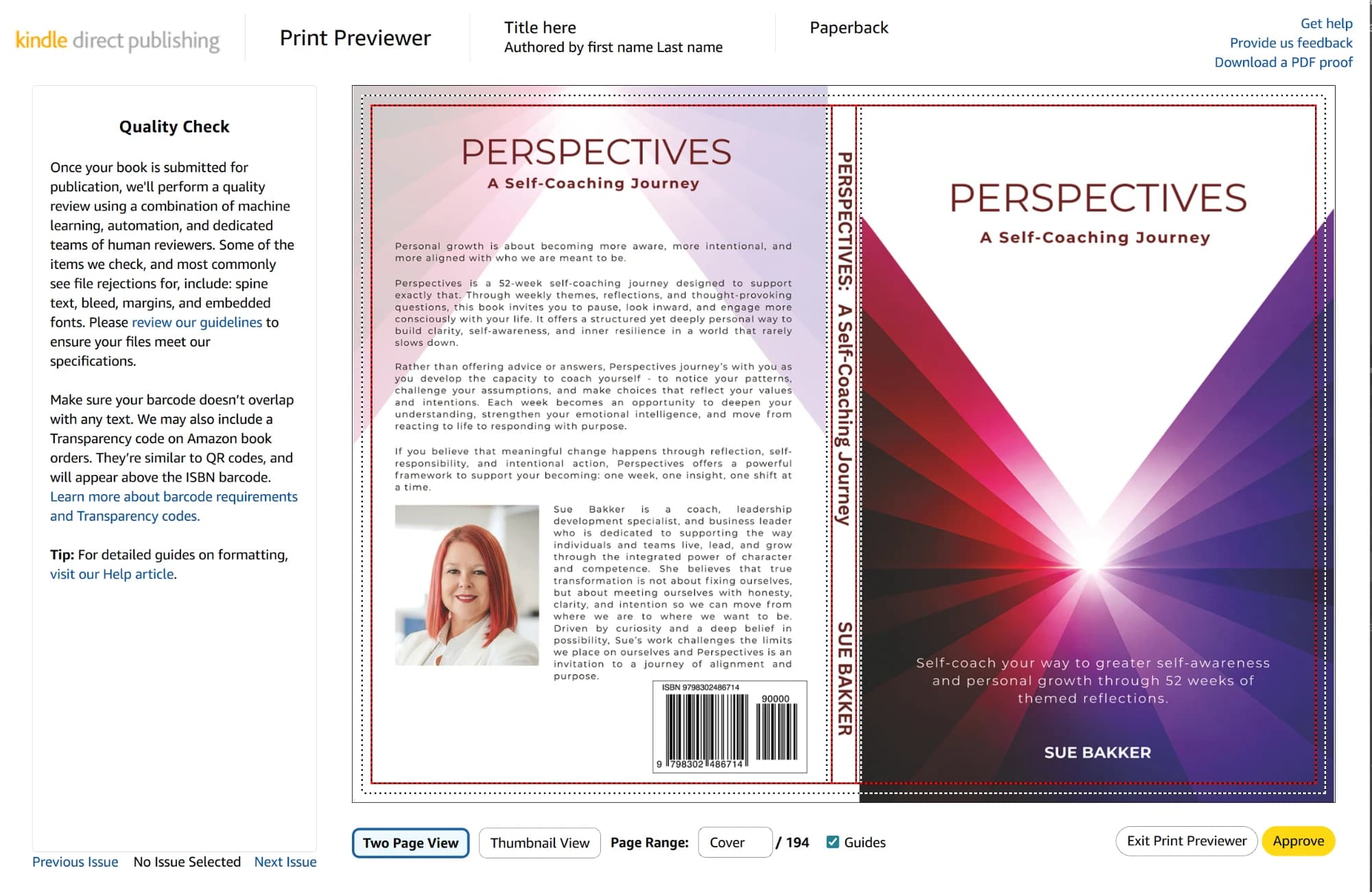 The full-wrap paperback cover of Perspectives in the KDP Print Previewer: a back cover with the book description, an author photo, a biography and an ISBN barcode, a spine reading “Perspectives: A Self-Coaching Journey” and “Sue Bakker”, and the front cover with pink and violet light rays.