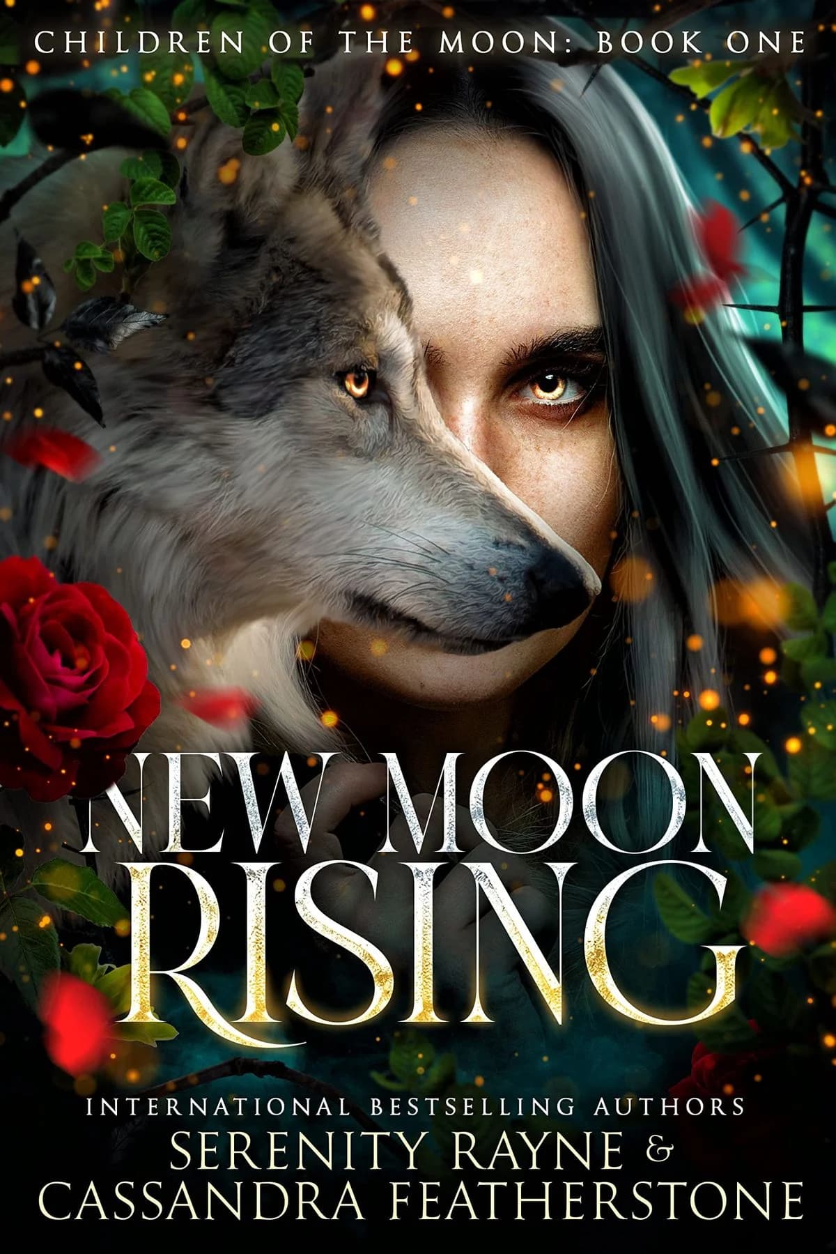 Book cover of New Moon Rising, Children of the Moon: Book One: a woman's face merging with a grey wolf's head, framed by red roses and dark leaves, with the title in large white and gold capitals.