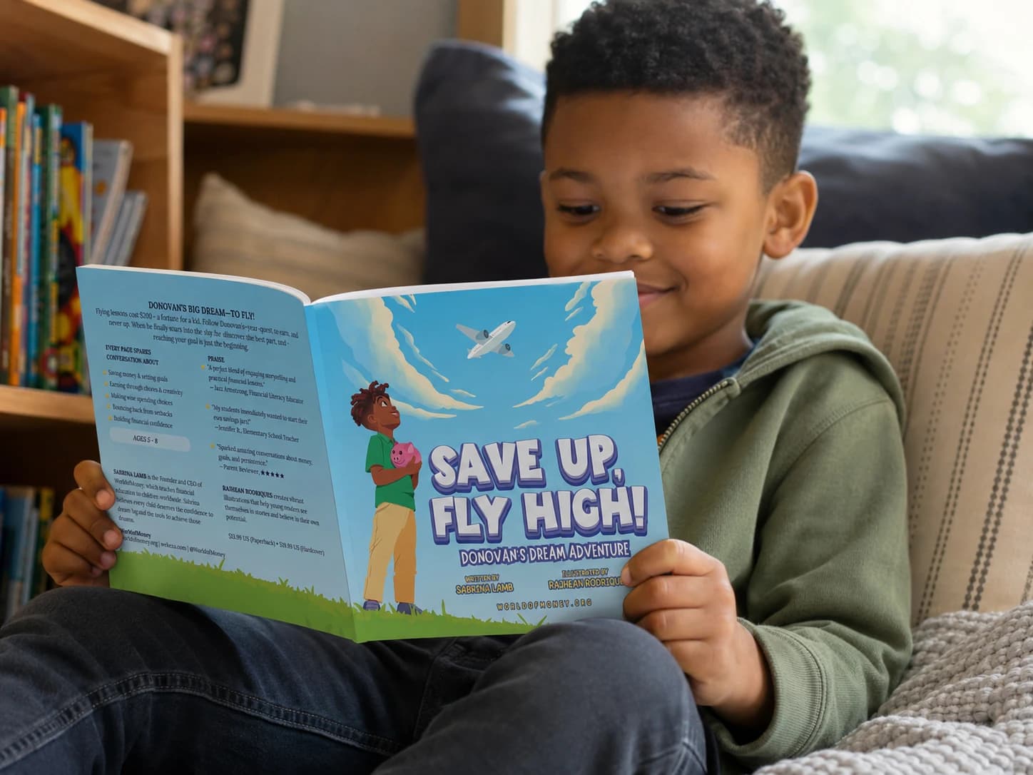 A smiling boy on a sofa reading the paperback of Save Up, Fly High! Donovan's Dream Adventure, written by Sabrina Lamb and illustrated by Rajhean Rodriques: the front cover shows a boy holding a pink piggy bank and looking up at a plane in a blue sky, and the back cover shows the book description and author biographies.