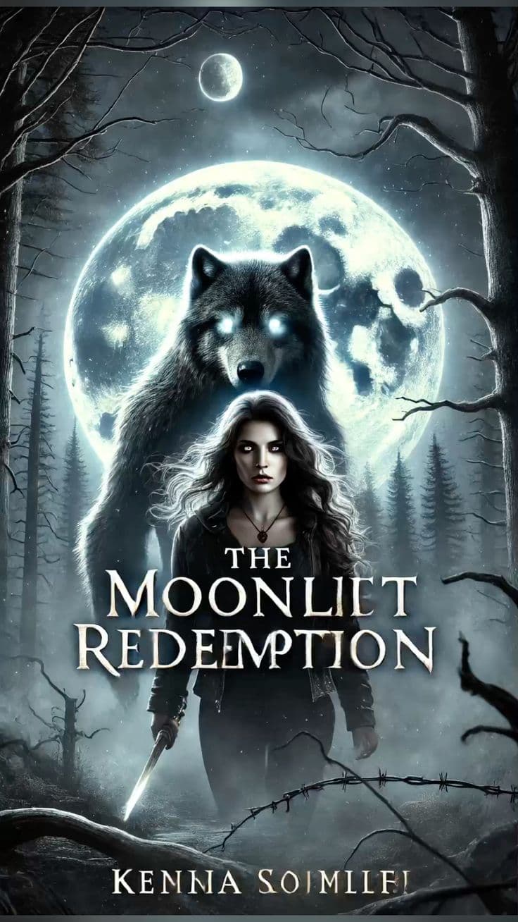 Book cover of The Moonlit Redemption: a dark-haired woman holding a knife in a misty grey forest, with a wolf with glowing eyes and a large full moon behind her, and the title in white serif capitals.