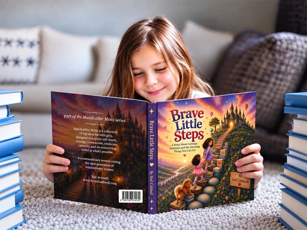 A smiling girl lying on a rug reading an open hardcover of Brave Little Steps by Stef Caldwell: the front shows two girls and a fluffy orange dog climbing a staircase of blocks towards a hilltop castle at sunset, the purple spine carries the title, and the back cover reads “part of the ManifestHer Minis series”.