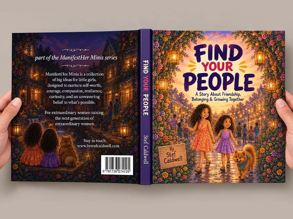 The full-wrap cover of Find Your People by Stef Caldwell held open flat: the front shows two girls holding hands on a lantern-lit, flower-lined street with a small dog, the purple spine carries the title, and the back shows the girls and dog from behind with the text “part of the ManifestHer Minis series” and a barcode.