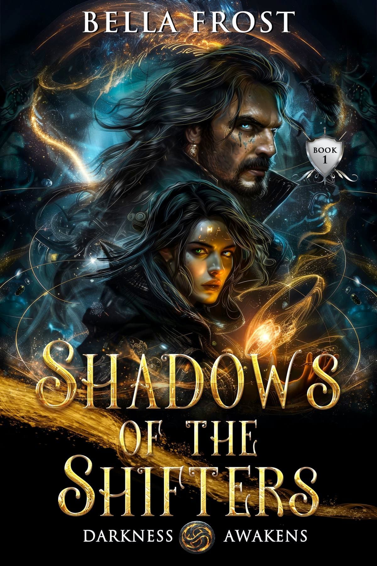 Book cover of Shadows of the Shifters by Bella Frost: a rugged man and a woman with glowing eyes in swirling dark smoke and golden light, with the title in large textured gold capitals.