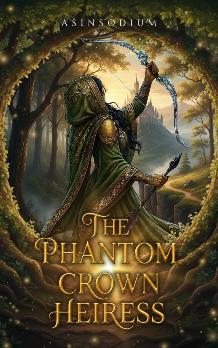Book cover of The Phantom Crown Heiress: a hooded archer in a green cloak drawing a glowing blue bow inside an arch of trees, with a distant castle, and the title in large gold capitals.