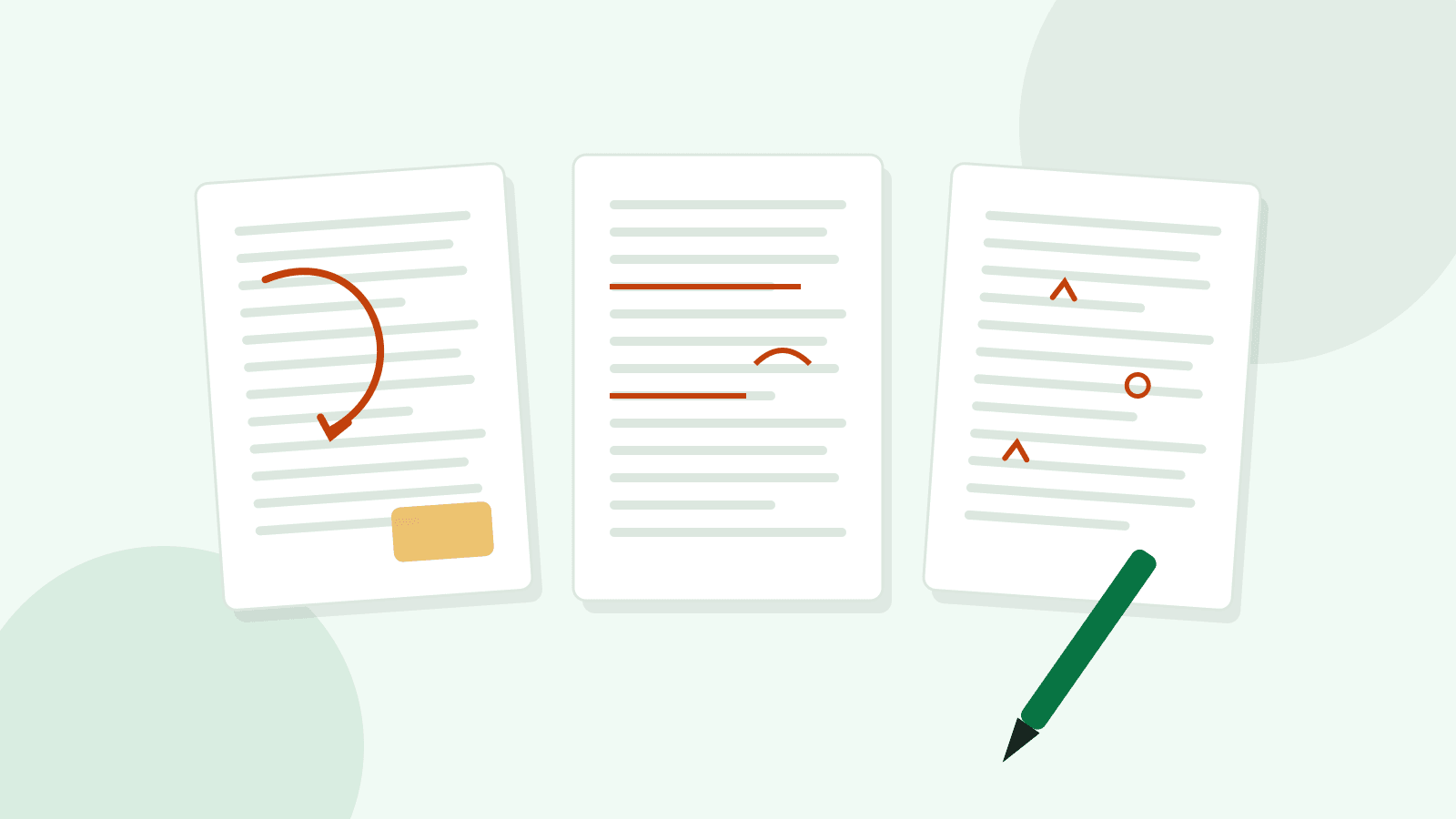 Illustration of three manuscript pages marked up in different ways: big structural notes, line edits and small proofreading corrections