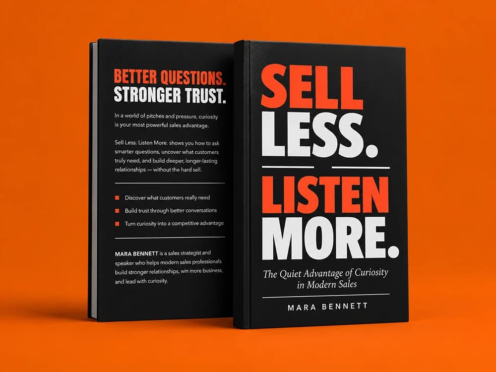 Front and back covers of Sell Less. Listen More.: The Quiet Advantage of Curiosity in Modern Sales by Mara Bennett on an orange background: large red-orange and white capitals on black on the front, and on the back the headline “Better questions. Stronger trust.”, a description, three bullet points and an author biography.