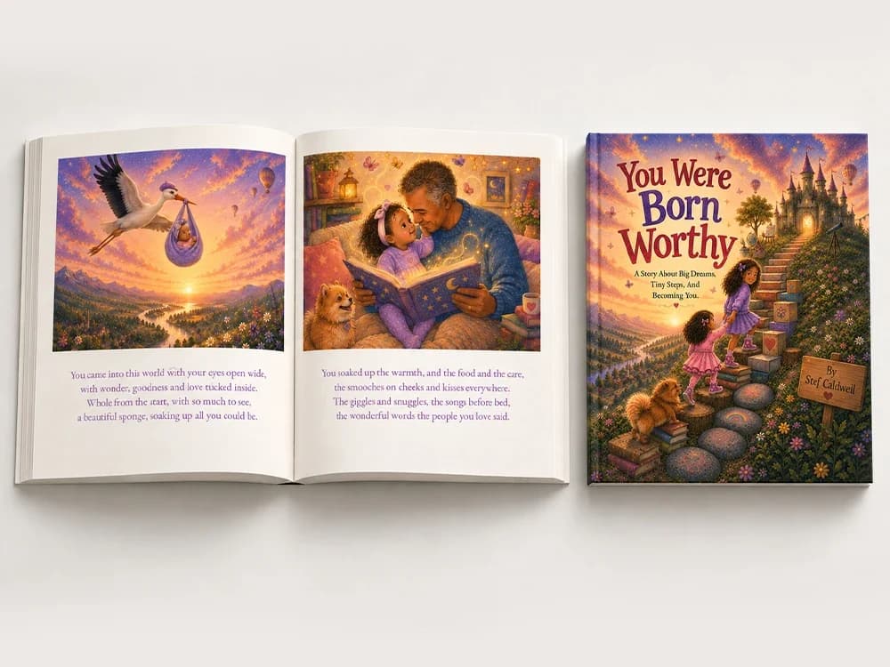 An open spread of You Were Born Worthy beside its cover: on the left, a stork carrying a baby over a sunset valley; on the right, a father reading to a toddler with a small dog, each above a short purple verse; the cover shows two girls climbing steps to a castle, with the title in red and purple and the author name, Stef Caldwell, on a wooden sign.