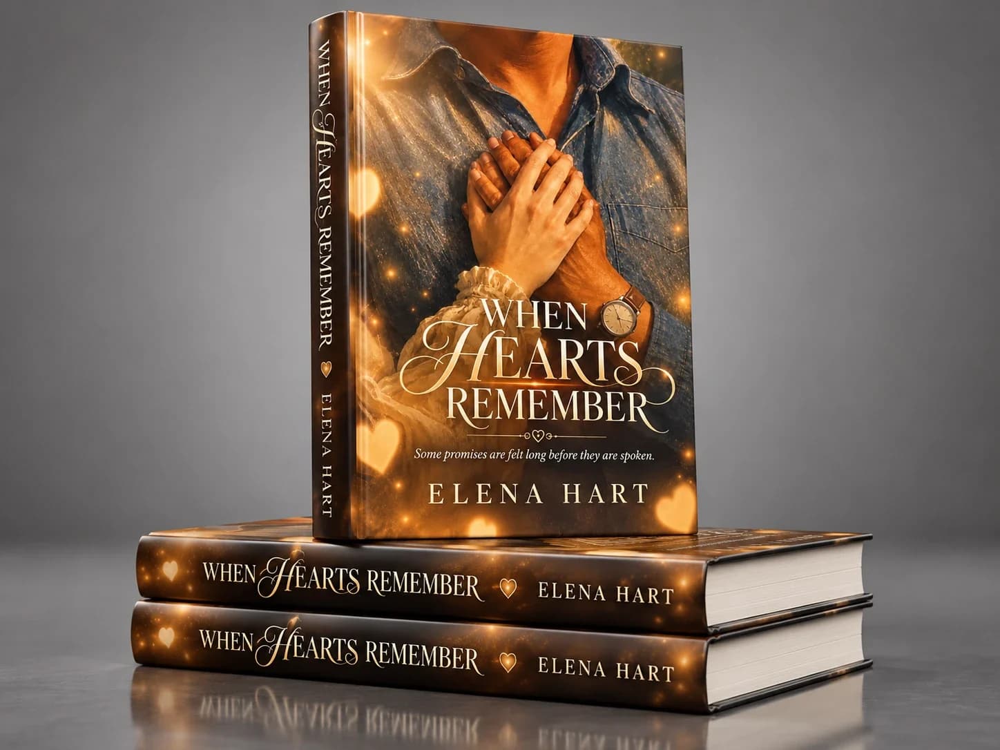 Hardcover mockup of When Hearts Remember by Elena Hart: one book standing on two stacked copies, its cover showing a woman's hand over a man's hand on his denim shirt in warm golden light with glowing hearts, and the tagline “Some promises are felt long before they are spoken.”