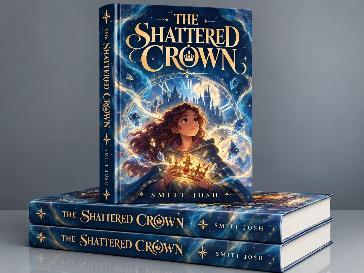 Hardcover mockup of The Shattered Crown: one book standing on two stacked copies, its blue cover illustrated with a curly-haired girl in a cloak holding a glowing golden crown before a castle and clock face, with gold title lettering repeated on the spines.