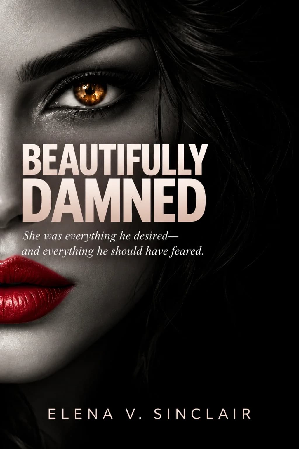 Book cover of Beautifully Damned by Elena V. Sinclair: a black-and-white close-up of a woman's face half in shadow, with one amber eye and red lips in colour, the title in large blush capitals and the tagline “She was everything he desired—and everything he should have feared.”