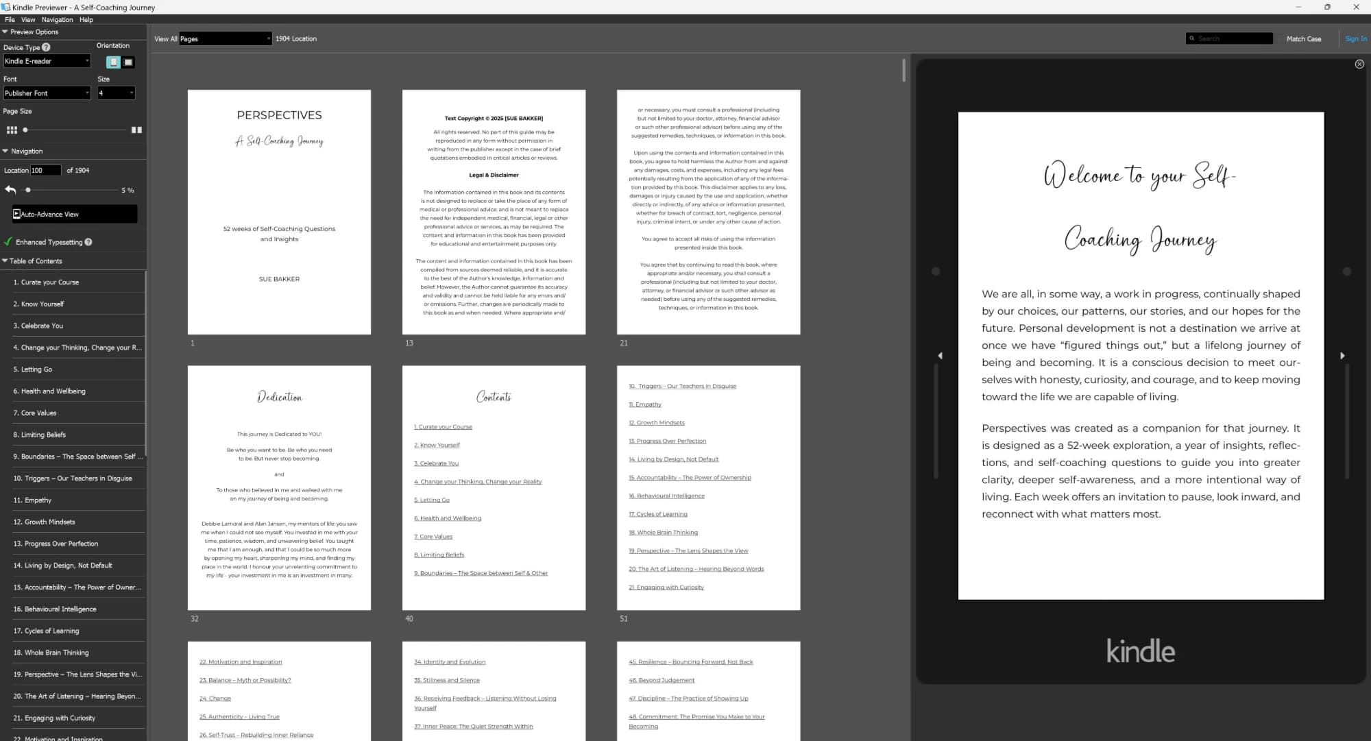 The Perspectives Kindle ebook in Kindle Previewer: page thumbnails of the title page, copyright and disclaimer pages, dedication and a linked contents page, a table of contents listing the weekly themes, and a “Welcome to your Self-Coaching Journey” page on the Kindle e-reader view.