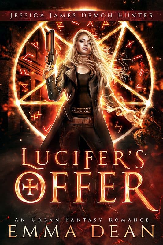 Book cover of Lucifer's Offer by Emma Dean: a blonde woman in a long coat holding a gun inside a glowing pentagram of runes surrounded by flames, with the title in large red-gold capitals and the line “An Urban Fantasy Romance”.