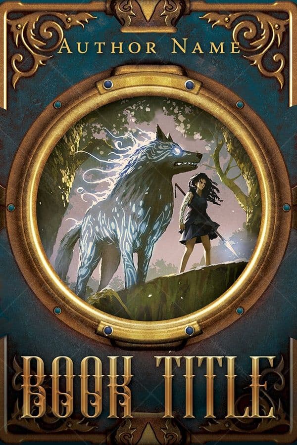 Premade fantasy book cover: an ornate brass porthole frame around a glowing blue-white spirit wolf and a young warrior with a staff in a misty forest, with placeholder text “Author Name” at the top and “Book Title” at the bottom in gold.
