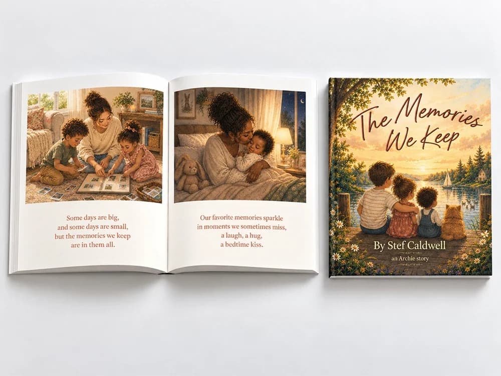 An open spread of The Memories We Keep beside its cover: a mother and two children looking at a photo album, and a mother kissing a baby at bedtime, each above a short rust-coloured verse; the cover shows three children and a dog on a lakeside dock at sunset, with the title in brown script and “By Stef Caldwell, an Archie story”.