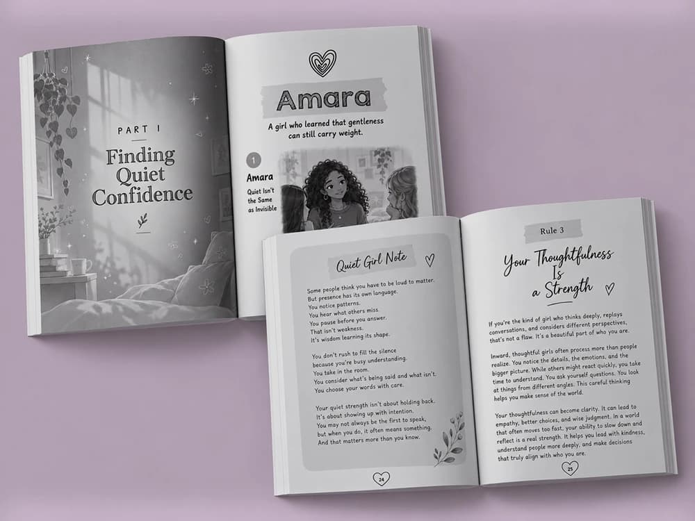 Two open book spreads on a lilac background: a full-page illustrated “Part I: Finding Quiet Confidence” opener beside a chapter page for “Amara”, and a boxed “Quiet Girl Note” beside a page headed “Rule 3: Your Thoughtfulness Is a Strength” in hand lettering.