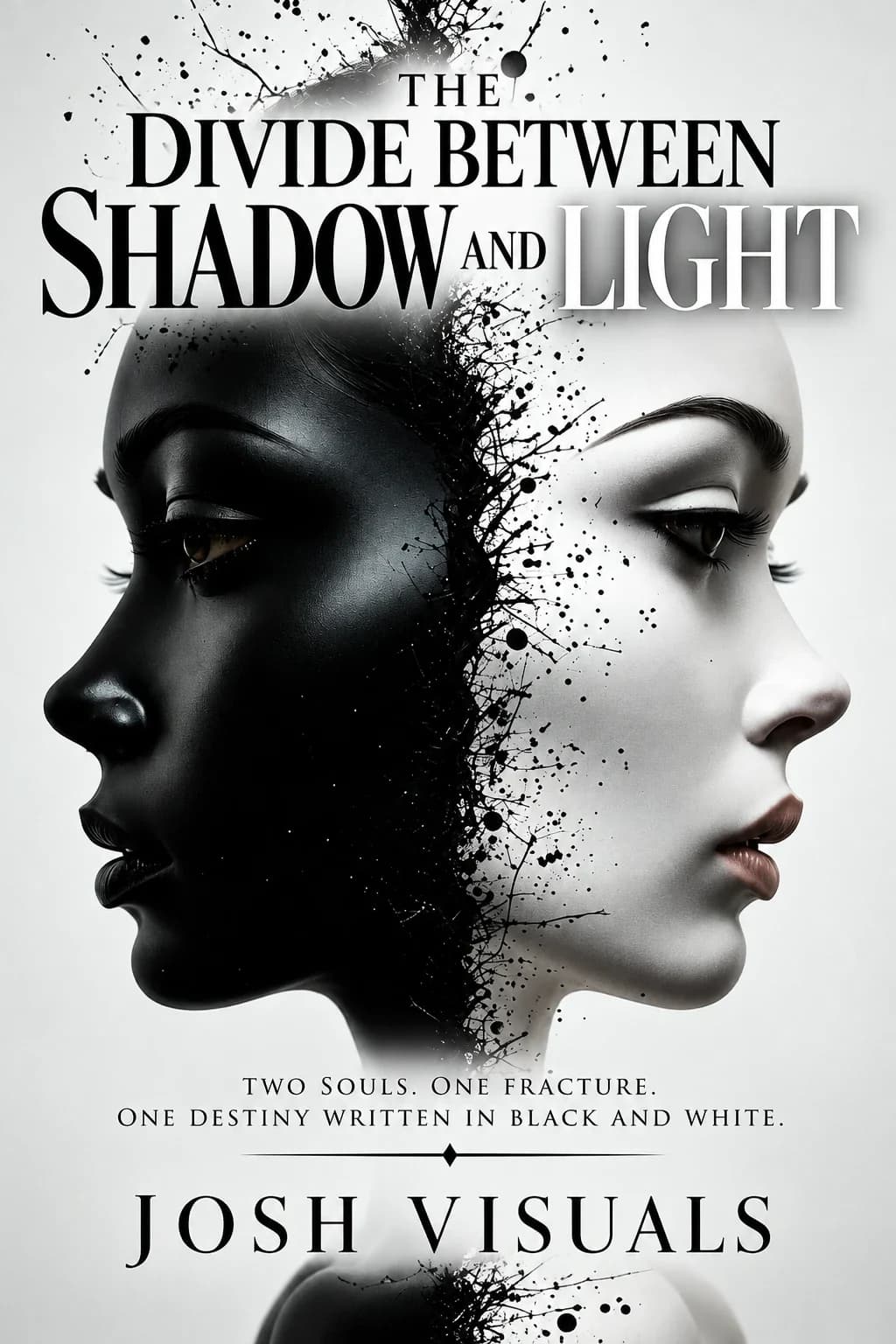 Book cover of The Divide Between Shadow and Light: two women's profiles facing away from each other, one black and one white, divided by black ink splatter, with the title in large serif capitals and the tagline “Two souls. One fracture. One destiny written in black and white.”