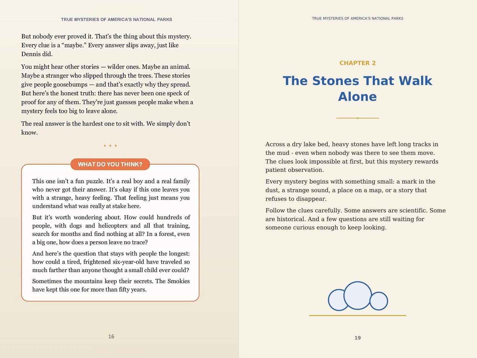 Spread with a rounded orange-bordered “What Do You Think?” box at the end of Chapter 1, beside the Chapter 2 opener, “The Stones That Walk Alone”, with a simple stone icon.