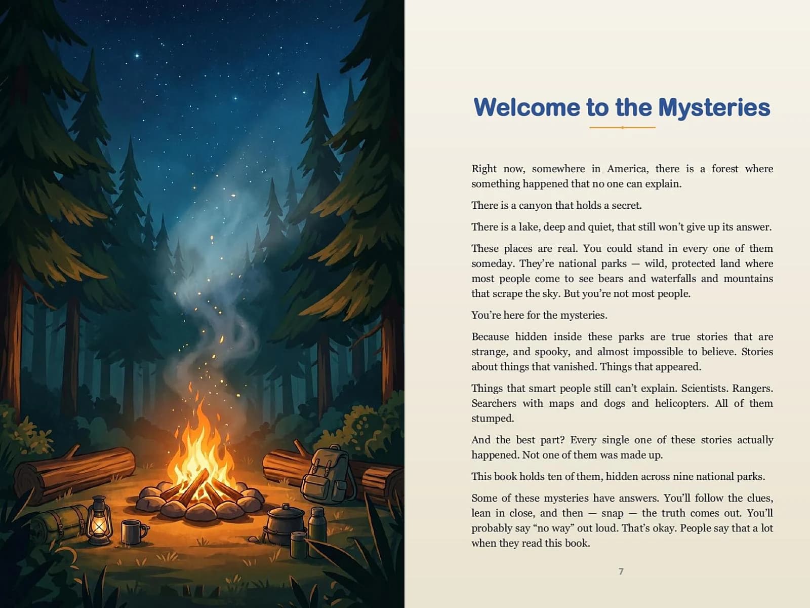 Spread with a full-page illustration of a campfire in a pine forest under a starry sky, beside the introduction, “Welcome to the Mysteries”, set in serif type under a blue heading.