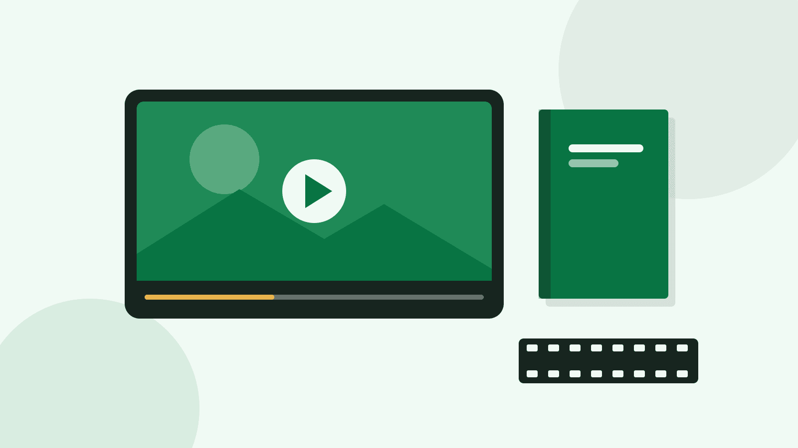 Illustration of a video player with a play button, a film strip and a plain closed book