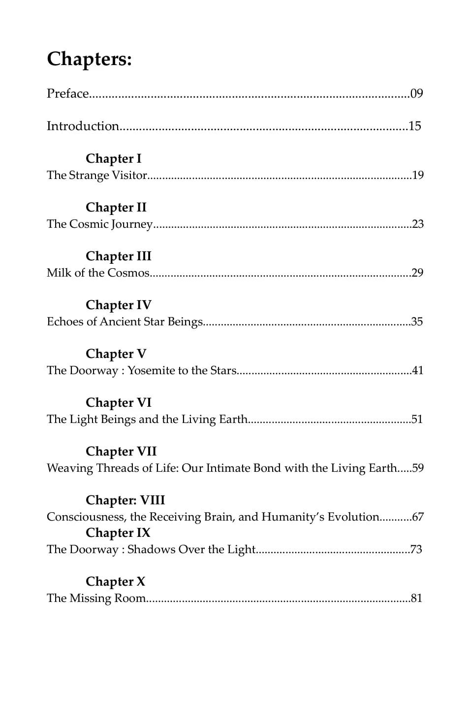 Contents page of Touched by the Stars, with chapter numbers set as small headings above each chapter title and dotted leaders to the page numbers.