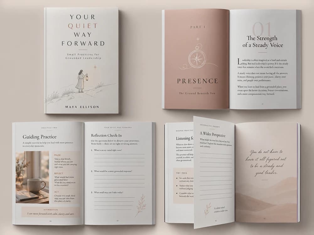 Cover and three interior spreads of Your Quiet Way Forward: Small Practices for Grounded Leadership by Maya Ellison: a pale cover with a line drawing of a figure carrying a lantern, a rose-coloured “Part I: Presence” opener, a “Guiding Practice” page beside a lined “Reflection Check-In”, and a journaling prompt beside a full-page script quote.