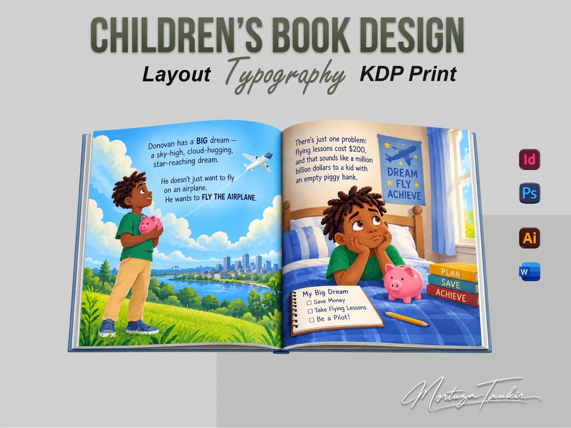 The same picture book spread under the heading “Children's Book Design: Layout, Typography, KDP Print”, with design software icons and a signature.