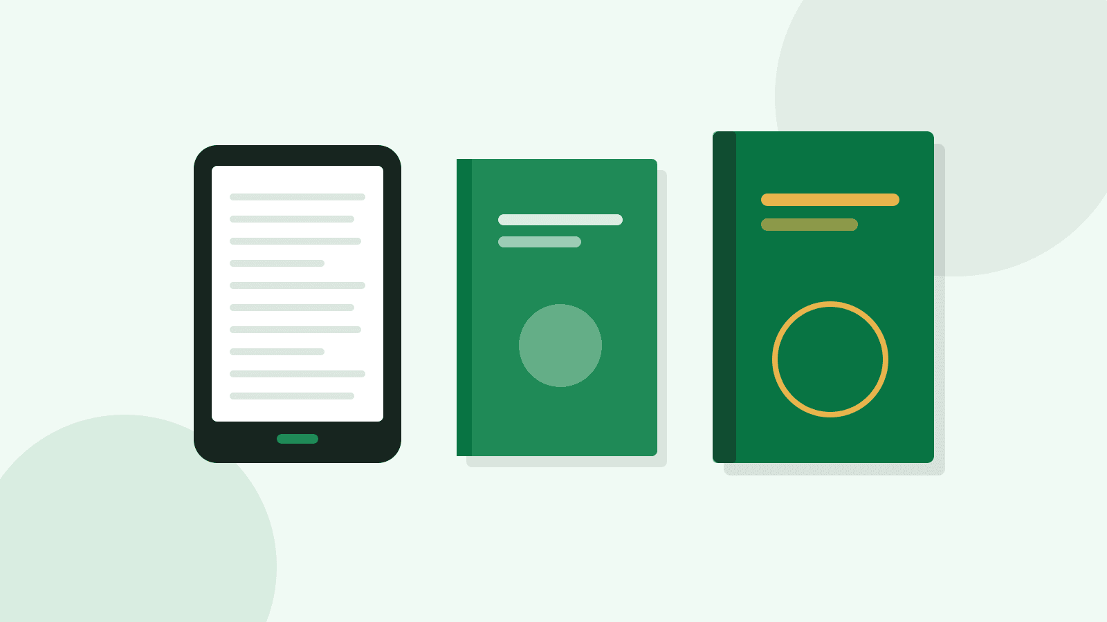 Illustration of an e-reader, a paperback and a hardcover book standing side by side