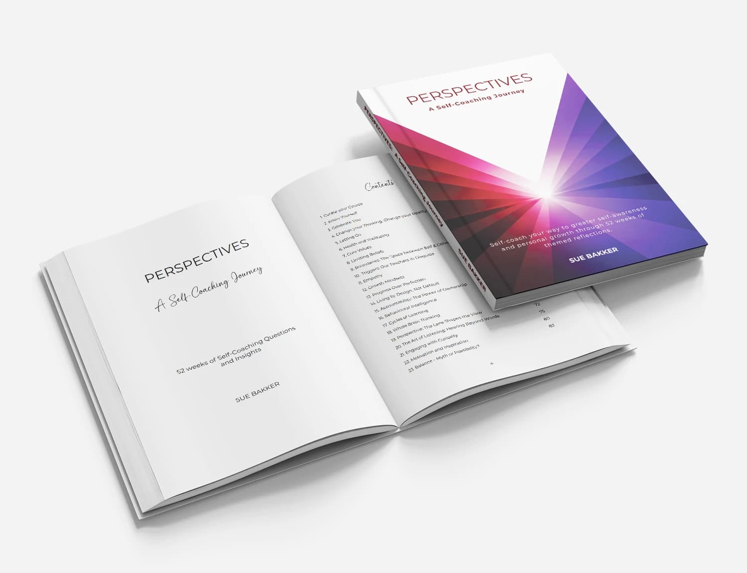 Mockup of Perspectives: A Self-Coaching Journey by Sue Bakker: a closed paperback with pink and violet light rays on a white cover, beside an open copy showing the title page and the contents page.
