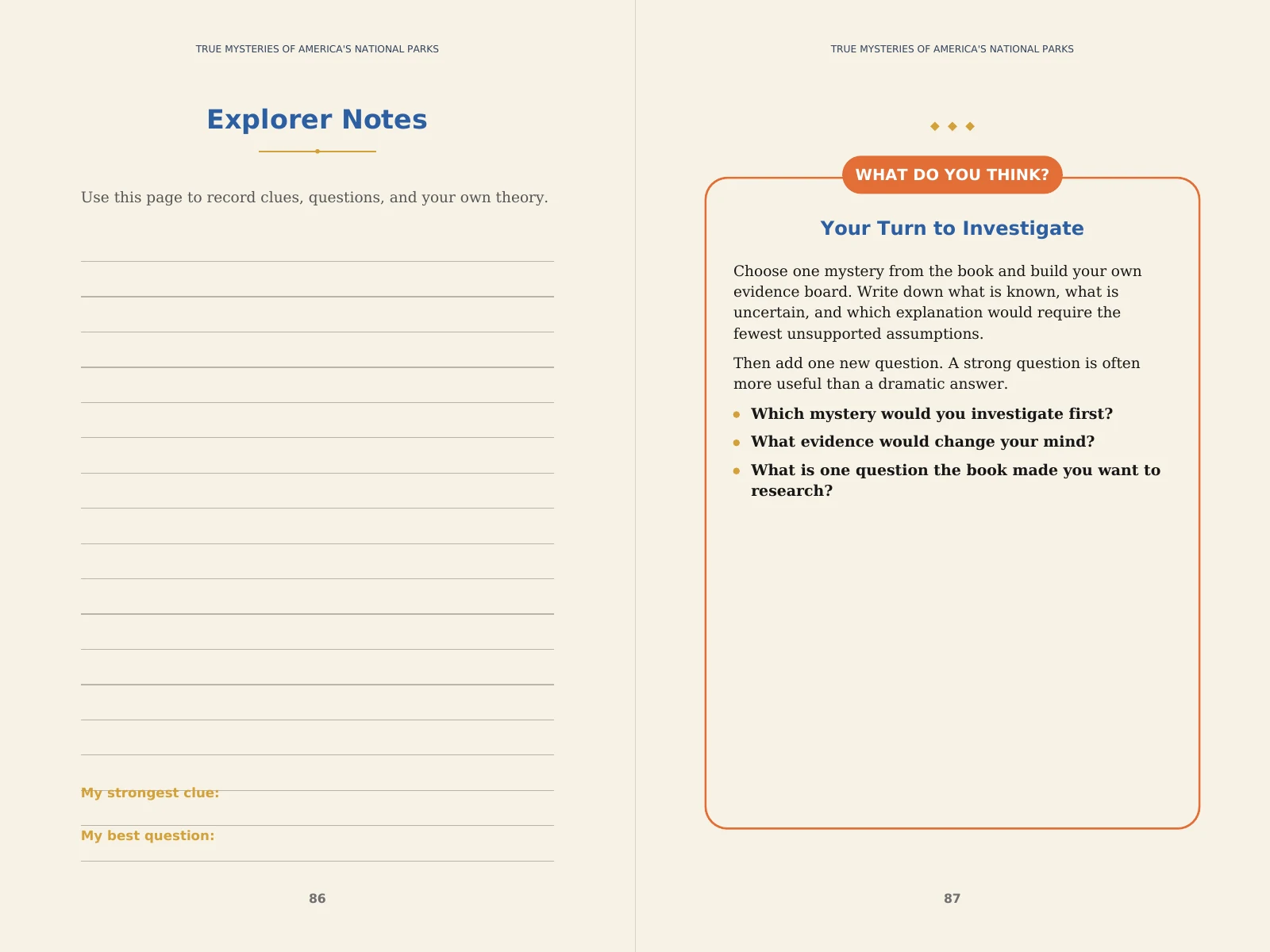 Spread with a lined “Explorer Notes” page with prompts for “My strongest clue” and “My best question”, beside a “What Do You Think?” box titled “Your Turn to Investigate” with three questions.