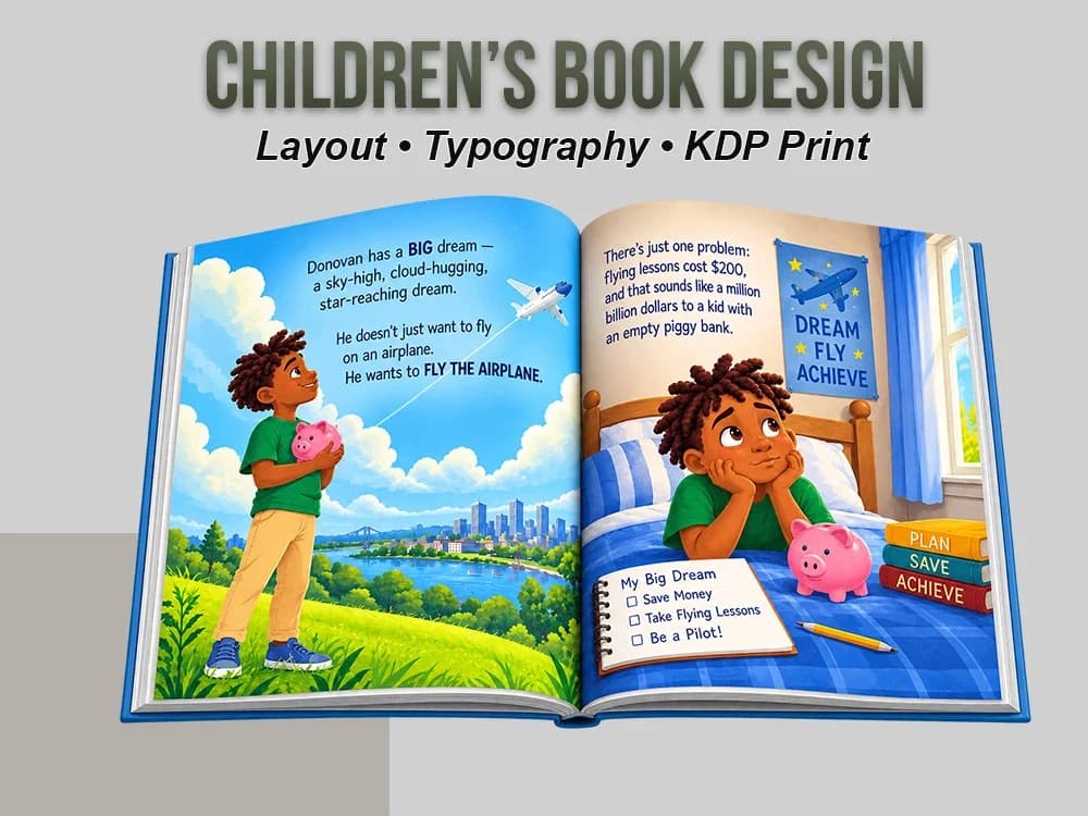 An open spread of Save Up, Fly High!: on the left, Donovan with his piggy bank looking up at a plane over a city by a river; on the right, Donovan lying on his bed with his chin in his hands beside a “Dream, Fly, Achieve” poster, with the story text set in navy across both pages.