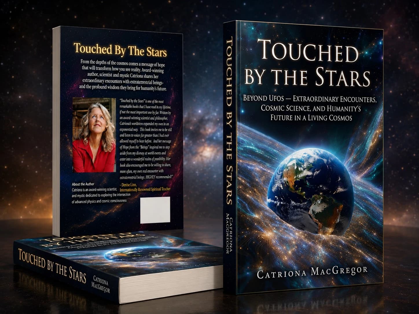 Paperback mockup of Touched by the Stars by Catriona MacGregor: the front cover shows the Earth surrounded by streams of light in a starry sky, beside the back cover with the author's photo and a book lying flat showing the spine.