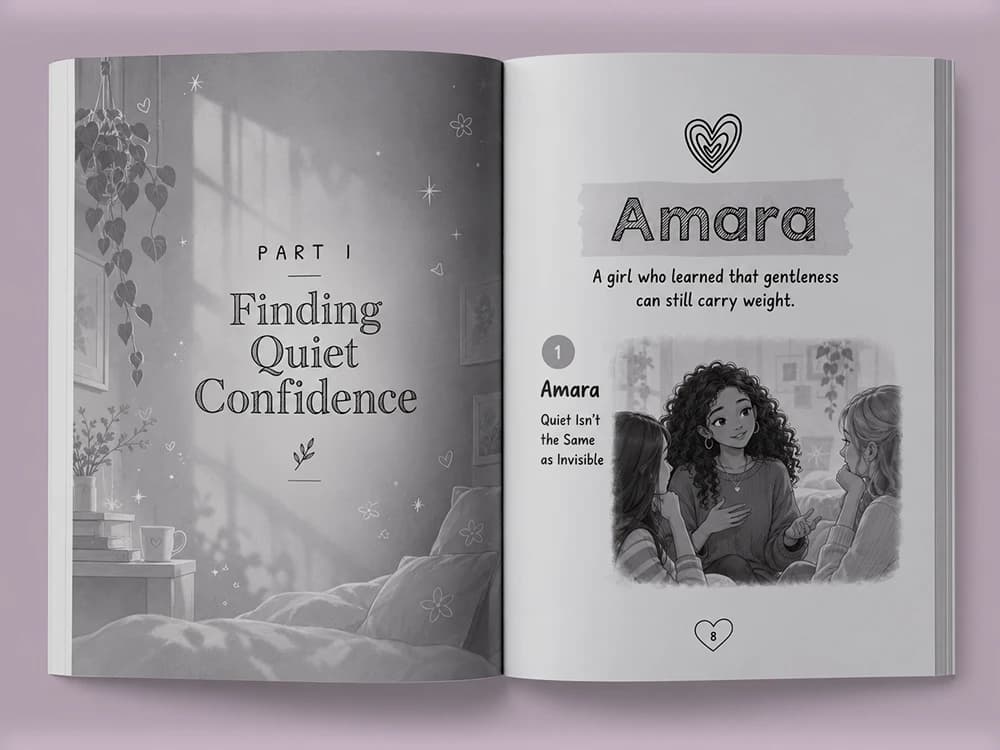 Open book spread: a greyscale illustration of a sunlit bedroom with a hanging plant behind the words “Part I: Finding Quiet Confidence”, beside a chapter page titled “Amara” with the line “A girl who learned that gentleness can still carry weight.” and an illustration of three girls talking.