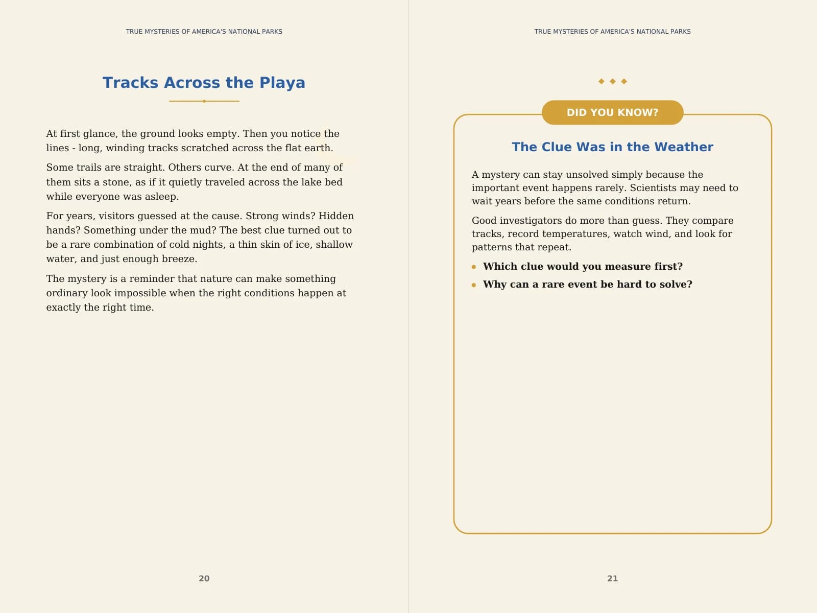 Spread with the text page “Tracks Across the Playa”, beside a gold-bordered “Did You Know?” box titled “The Clue Was in the Weather” with two bold discussion questions.