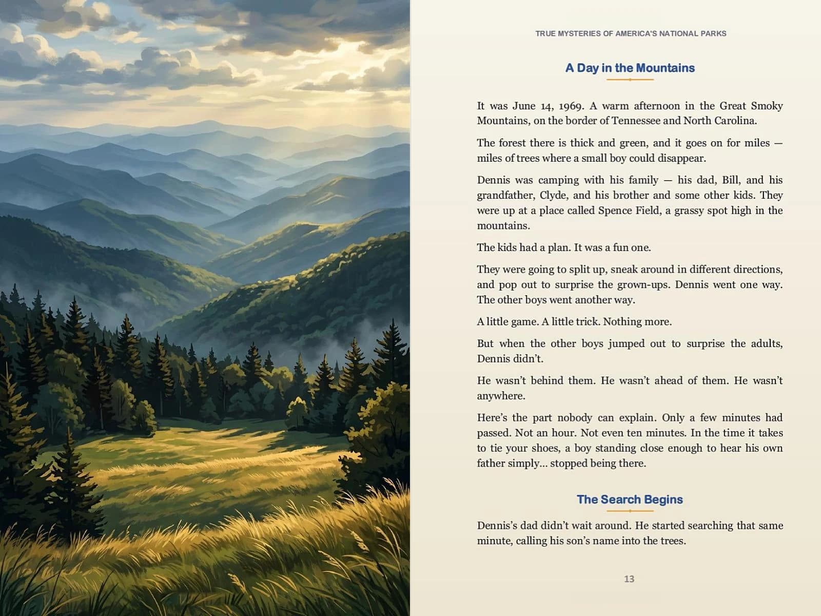 Spread with a full-page illustration of misty blue mountains and a sunlit meadow, beside a text page with the subheadings “A Day in the Mountains” and “The Search Begins” and a running head.